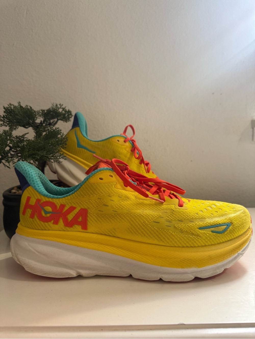 Hoka Clifton 9 Men size 11 Bright Yellow Athletic Shoes with Coral Accents
